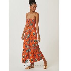 Maeve Anthropologie Floral Cross-Back Maxi Dress Orange Smocked Slit Cut Out M